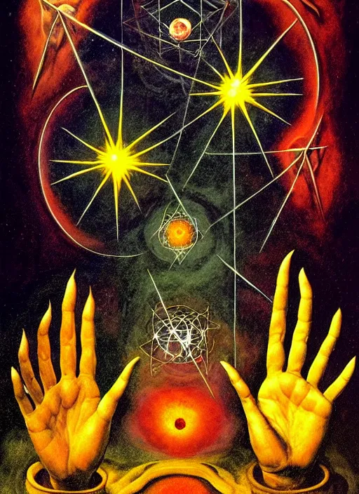 Image similar to antediluvian occult cosmology, panspermia, occult magic hand gestures, magick ritual hand signs, by joe jusko and remedios varo and daniel arsham and robert hooke, rule of thirds, vivid colours, negative space, atmospheric, digital painting, artstation, concept art, smooth, sharp focus