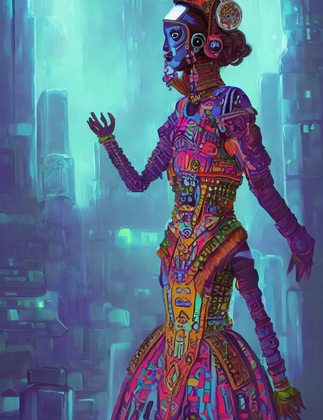 Prompt: aztec scifi princess of the cloud forest, wearing a lovely dress with cyberpunk details. this oil painting by the beloved children's book author has an interesting color scheme and impeccable lighting.