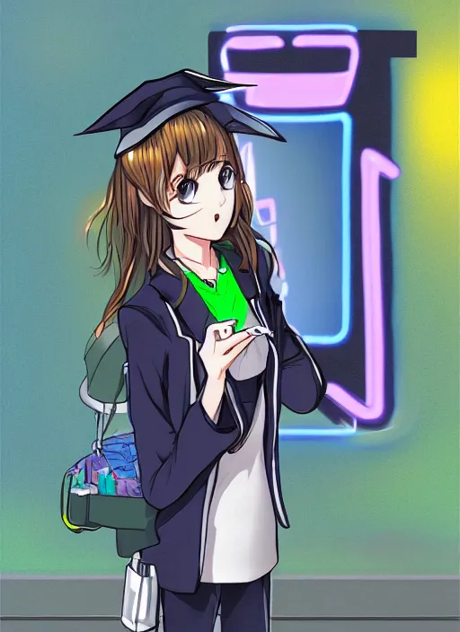 Image similar to Android wearing a school uniform, smoking a cigarette while standing on street corner lit by a neon sign”, full body shot, Digital art, detailed, anime