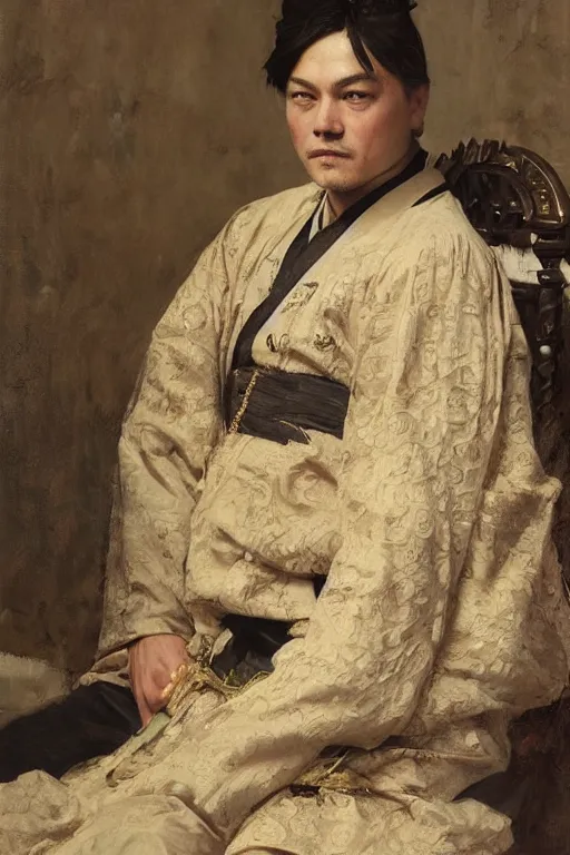 Image similar to di caprio by Solomon Joseph Solomon and Richard Schmid and Jeremy Lipking victorian genre painting full length portrait painting of 张国荣 in traditional costume