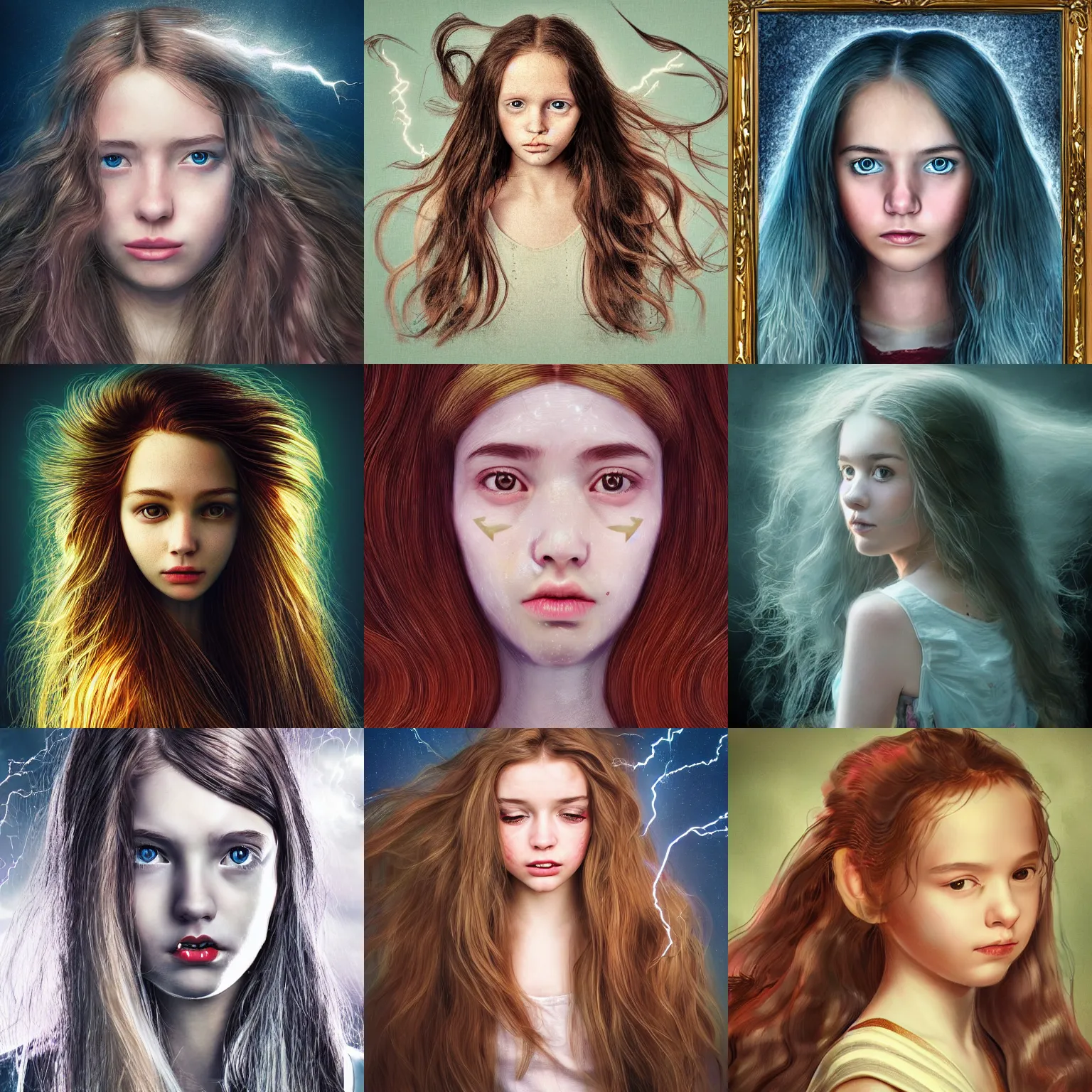 Prompt: portrait of a girl with comical long hair and a miracle face, high detail, high modernization, cinematic, fantasy lightning, hyperrealistic, hypermaximalist, very fantasy beautiful,