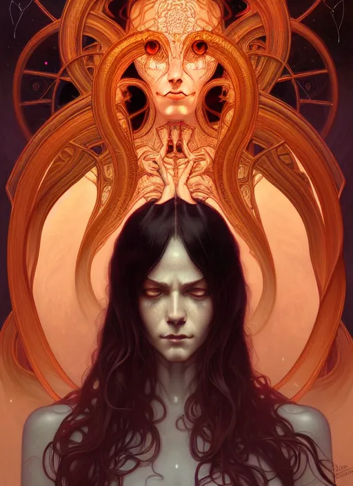 Image similar to symmetry!! portrait of female, cosmic horror, lovecraftian horror, intricate, horror!! highly detailed, digital painting, artstation, concept art, smooth, sharp focus, illustration, art by artgerm and greg rutkowski and alphonse mucha and junji ito, 8 k