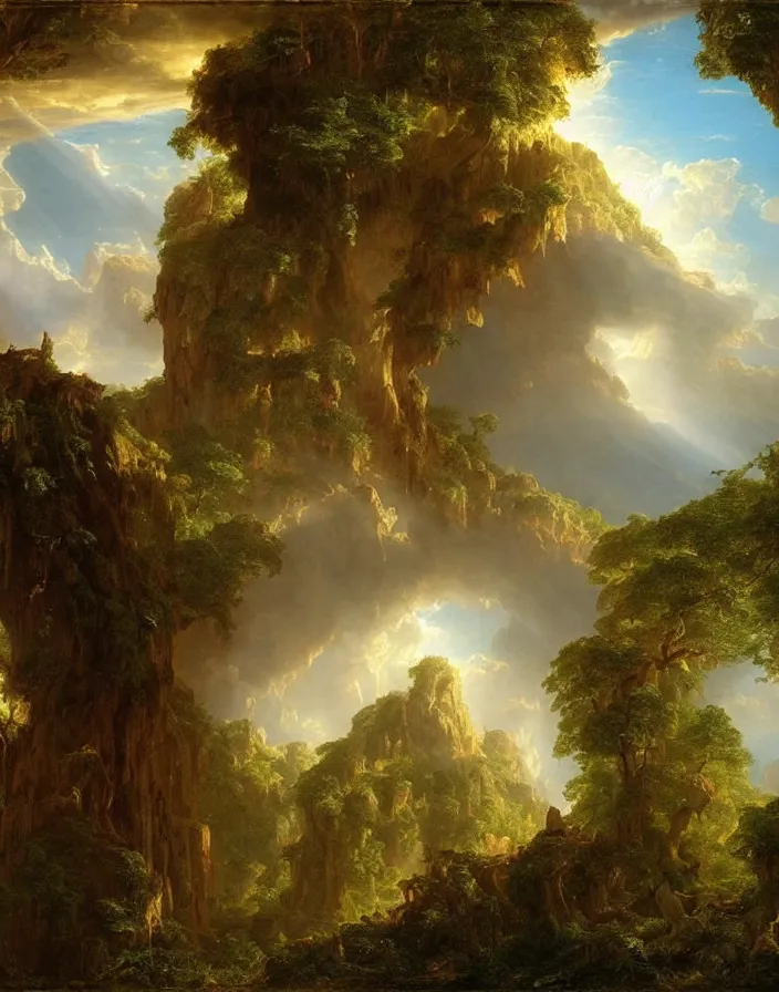 Image similar to an ancient temple lost in a gigantic forest by thomas cole, painting, epic clouds formation, cinematography, epic lighting,