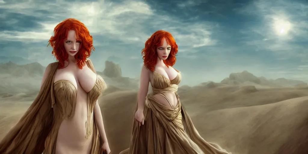 Image similar to christina hendricks in the desert, white robes, fantasy realistic art style