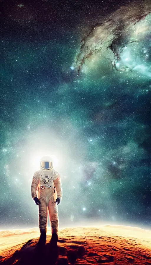 Prompt: an astronaut looking at the horizon of a starry sky, on an alien planet, cinematic, dramatic, color grading, photojournalism, colorful, highly detailed