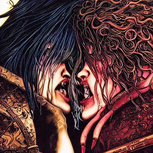 Prompt: closeup of melting kissing vampires, catelvania, by yoichi hatakenaka, masamune shirow, josan gonzales and dan mumford, ayami kojima, takato yamamoto, barclay shaw, karol bak