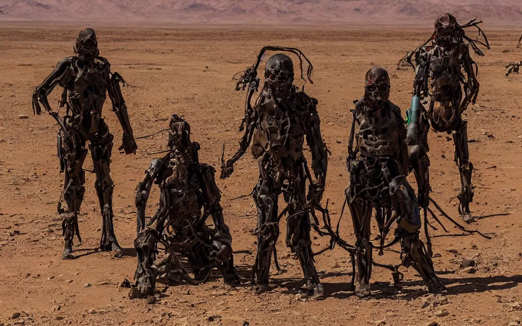 Image similar to in hot red desert a group of five people in dark green tactical gear like death stranding and masks on find a dead horse skeleton in a sandy desert with distant red mesas behind them. They look afraid. dusty, mid day, heat shimmering.