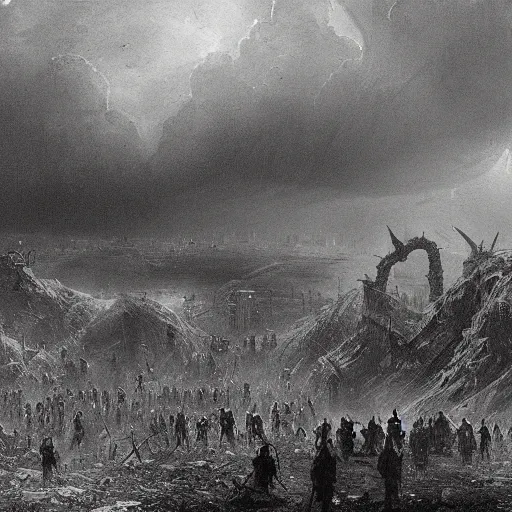 Image similar to apocalyptic landscape, fallout, soldiers, people in gasmasks, dark clouds, dark, eerie, dystopian, city, end times, illustration by Gustave Doré