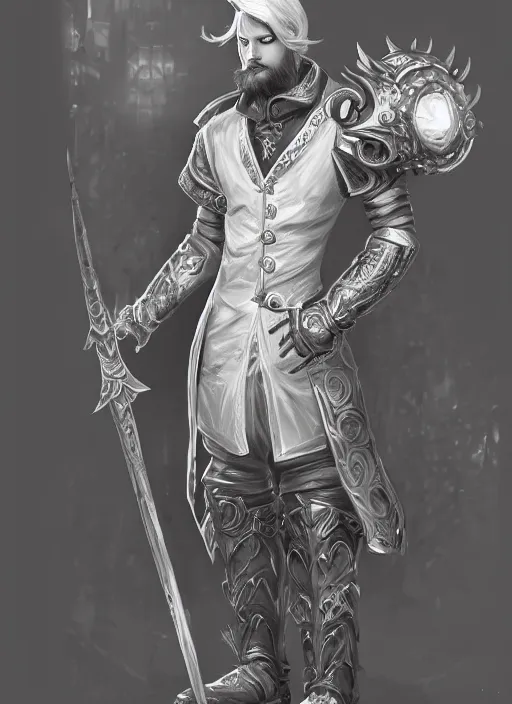 Prompt: a highly detailed illustration of short ginger haired man wearing white suit, heroic wielding ornate mechanical cane pose, intricate, elegant, highly detailed, centered, digital painting, artstation, concept art, smooth, sharp focus, league of legends concept art, WLOP