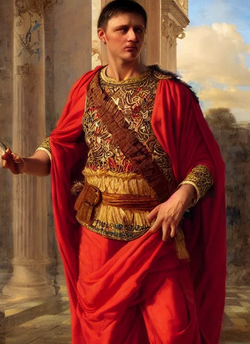 Prompt: formal portrait of caesar augustus wearing an embroidered roman toga, digital art by eugene de blaas, ross tran, and nasreddine dinet, vibrant color scheme, intricately detailed, in the style of romanticism, cinematic, artstation, greg rutkowski