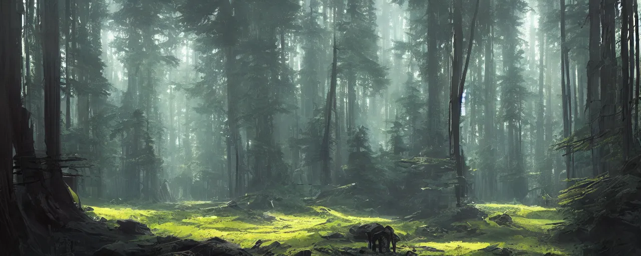 Image similar to the forest landscape from star wars in the artstyle of finnian macmanus, john park and greg rutkowski