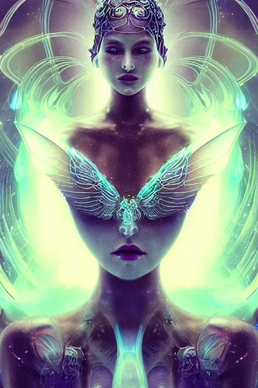 Image similar to a render of an ancient futuristic ethereal pixie with digital modifications and wings surrounded by a underwater ink pour and flowing liquid gallium and complex sacred geometry, powerful, cinematic, beautifully lit, perfect body and face, by beeple, by artgerm, by karol bak, by brian froud, 3 d, trending on cgsociety, octane render, 8 k