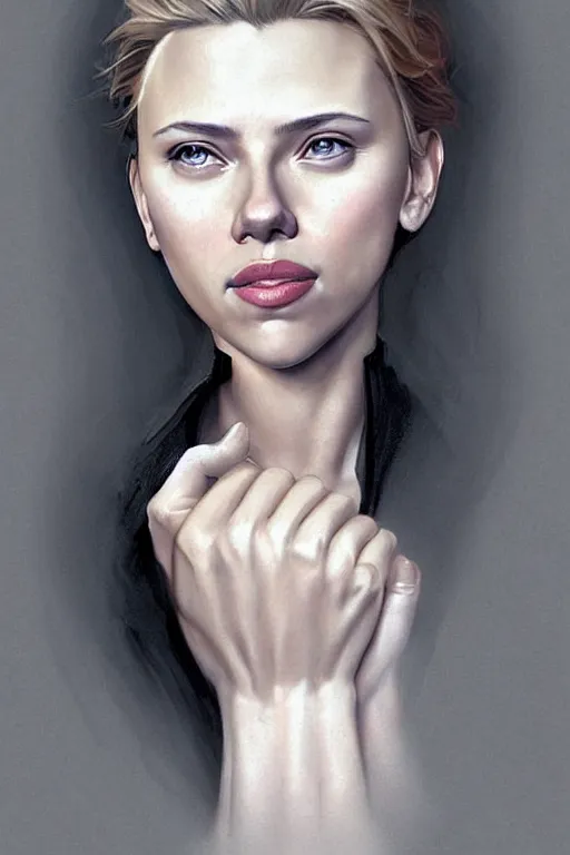 Image similar to Scarlett Johansson smiling anatomy, only two hands, highly detailed, digital painting, artstation, concept art, smooth, sharp focus, illustration, Unreal Engine 5, 8K, art by art by artgerm and greg rutkowski and edgar maxence