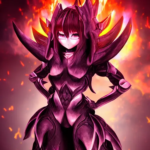 Prompt: portrait focus of demon beautiful 3D anime girl, Molten lava armor wearing, dark volcano background, ash falling, bokeh, inspired by Masami Kurumada, digital painting, high contrast, unreal engine render, volumetric lighting, high détail