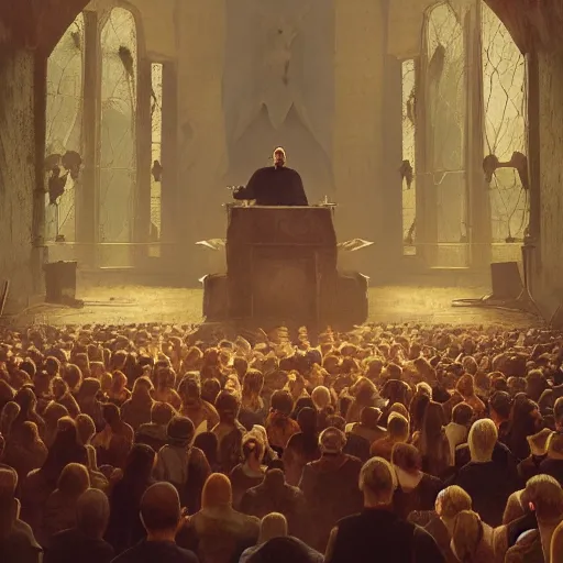 Image similar to pastor Dante Gebel giving a sermon message before a large crowd, artstation, Greg rutkowski, cinematic, digital Art