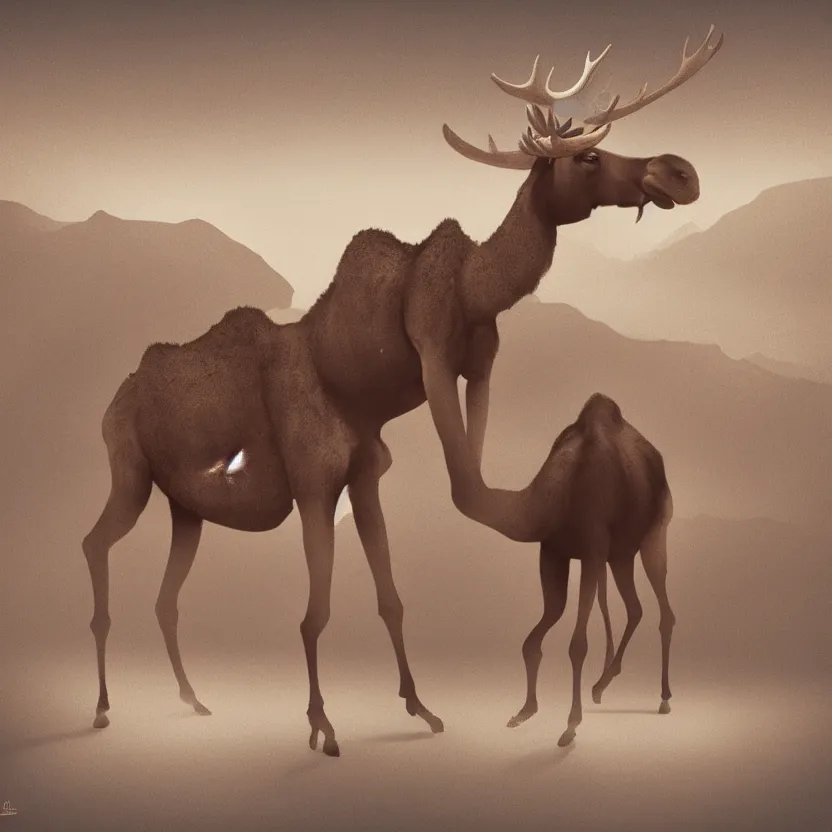 Image similar to an otherworldly camel moose, walking in an extraterrestrial desert. pulp sci - fi art. soft lighting. muted colors. dark background