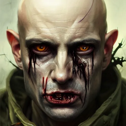 Prompt: portrait painting of a bald vampire with rotting skin and a popped eye wearing battered vietnam fatigues, ultra realistic, concept art, intricate details, eerie, highly detailed, photorealistic, octane render, 8 k, unreal engine. art by artgerm and greg rutkowski and charlie bowater and magali villeneuve and alphonse mucha