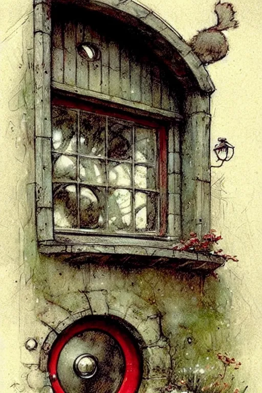 Image similar to ( ( ( ( ( 1 9 5 0 s retro future hobbit house window. muted colors. ) ) ) ) ) by jean baptiste monge!!!!!!!!!!!!!!!!!!!!!!!!! chrome red