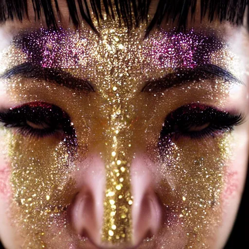 Prompt: Close-up of an young asian woman's face, wearing glitter. Photography, Canon. Award Winning.