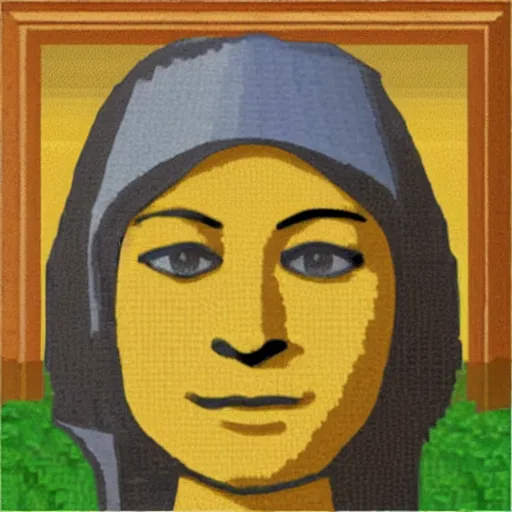 Prompt: minecraft dirt block, high definition picture of a painting of a person with a minecraft dirt block as a head on a wall, with only the body of the mona lisa