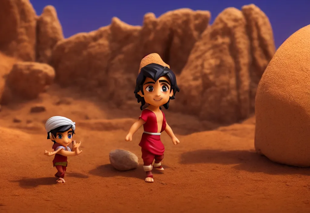 Image similar to side view of young aladdin as nendoroid walking in a desert village, 8 k, hd, dof, kodak film, volumetric lighting, subsurface scattering, photorealistic, octane render