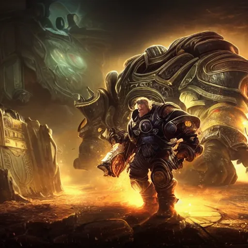 Image similar to Portrait of Trump, League of Legends amazing splashscreen artwork, Gears of War, splash art,natural light, elegant, photorealistic facial features, intricate, fantasy, detailed face, atmospheric lighting, anamorphic lens flare, cinematic lighting, league of legends splash art, hd wallpaper, ultra high details by Greg rutkowski