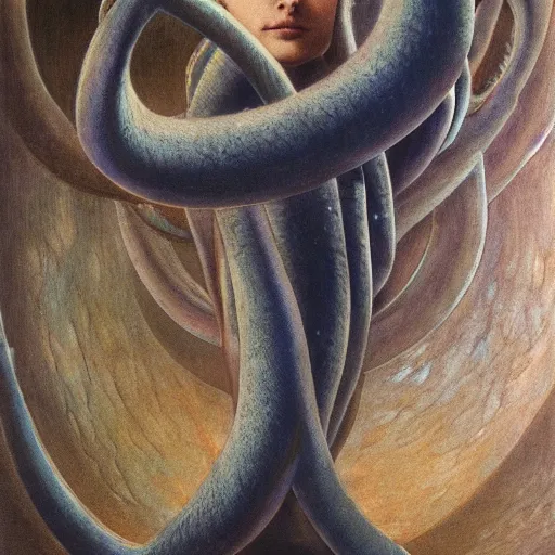 Image similar to eyes, tentacle-enabled underwater human descendant, futuristic painting by jim burns, edward burne-jones, dagon, hd 8k