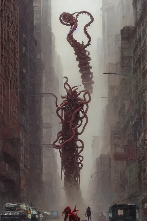 Image similar to huge towering bipedal martian with bulbous torso and tentacles instead of arms walks down city street, people flee, painted by ruan jia, raymond swanland, lawrence alma tadema, zdzislaw beksinski, norman rockwell, jack kirby, tom lovell, alex malveda, greg staples
