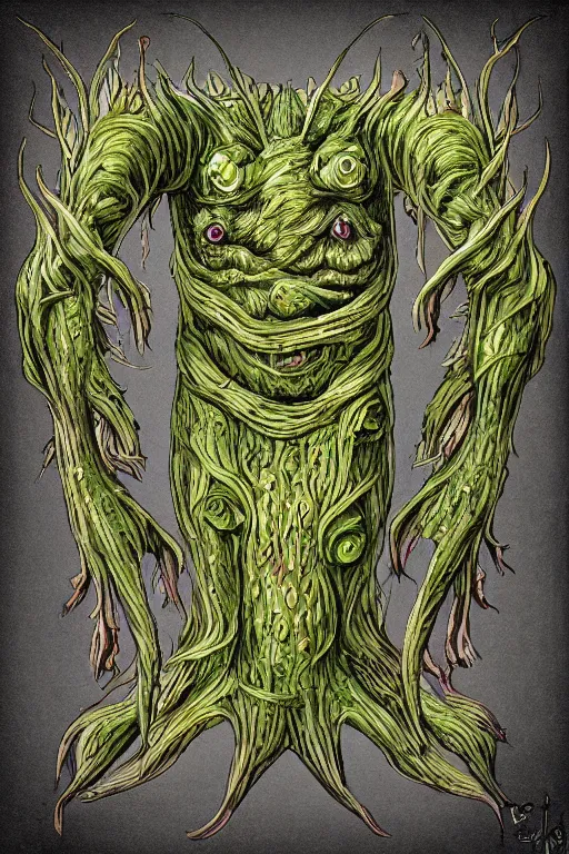 Prompt: vegetable monster humanoid figure, symmetrical, highly detailed, digital art, sharp focus, trending on art station
