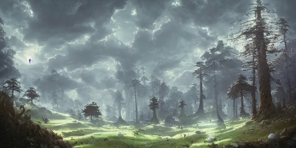 Image similar to ominous and powerful glowing mushroom kingdom, dark fantasy, Greg Rutkowski and Studio Ghibli and Ivan Shishkin