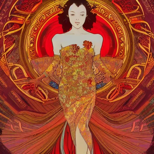 Prompt: background art of flowing theatre red curtains, centered radial design, gold art nouveau graphic elements, flowers, flower petals, movement, painting by mucha, beautiful lighting, anime, manga, studio ghibli, norman rockwell, trending on artstation