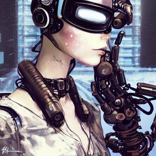 Prompt: highly detailed portrait of a post-cyberpunk robotic young lady with space helmet and wired cybernetic face modifications, robotic limbs, by Akihiko Yoshida, Greg Tocchini, Greg Rutkowski, Cliff Chiang, 4k resolution, persona 5 inspired, dull misty brown black and white color scheme with sparking stray wiring