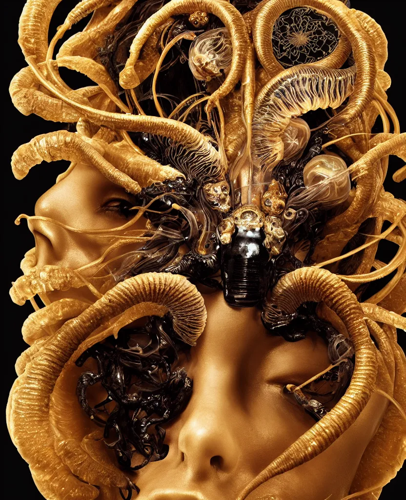 Image similar to black background. goddess princess face close-up portrait ram skull. sculpture made of gold and brilliants. jellyfish phoenix head, nautilus, orchid, skull, betta fish, bioluminiscent creatures, intricate artwork by Tooth Wu and wlop and beeple. octane render, trending on artstation, greg rutkowski very coherent symmetrical artwork. cinematic, hyper realism, high detail, octane render, 8k