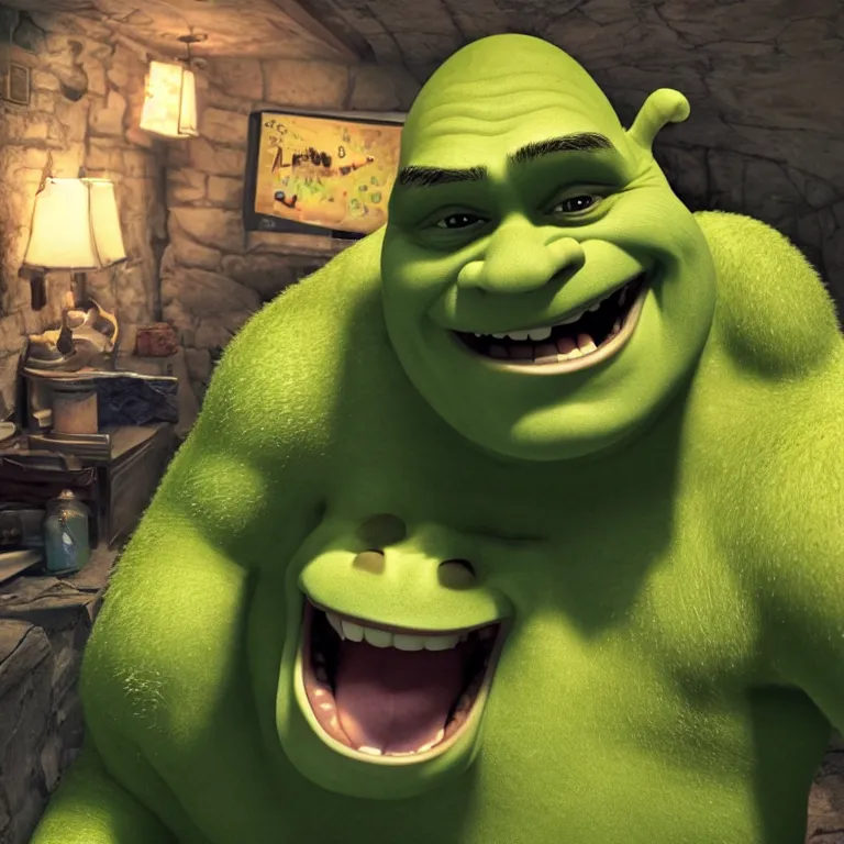 Image similar to Shrek living in a van with long hair , cinematic lighting, photorealistic image, 8k, ultra detailed, high resolution,