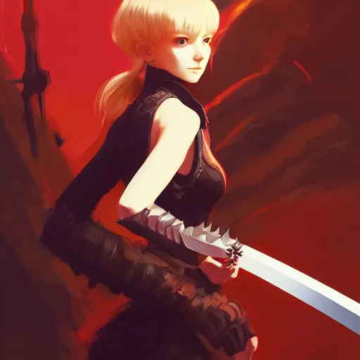 Image similar to a woman holding a sword with a dragon on it, concept art by ilya kuvshinov, contest winner, fantasy art, official art, concept art, high detail, experimental, high quality, 4 k