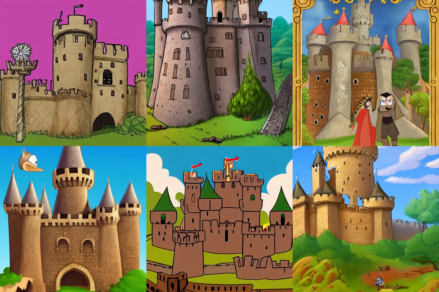 Prompt: medieval castle, 2d cartoon, by Disney Animation Studios