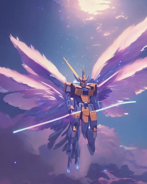 Image similar to highly detailed vfx portrait of an angelic gundam with wings of feathers beam saber fighting in space with a beam gun, unreal engine, greg rutkowski, loish, rhads, beeple, makoto shinkai and lois van baarle, ilya kuvshinov, rossdraws, tom bagshaw, alphonse mucha, global illumination, detailed and intricate environment