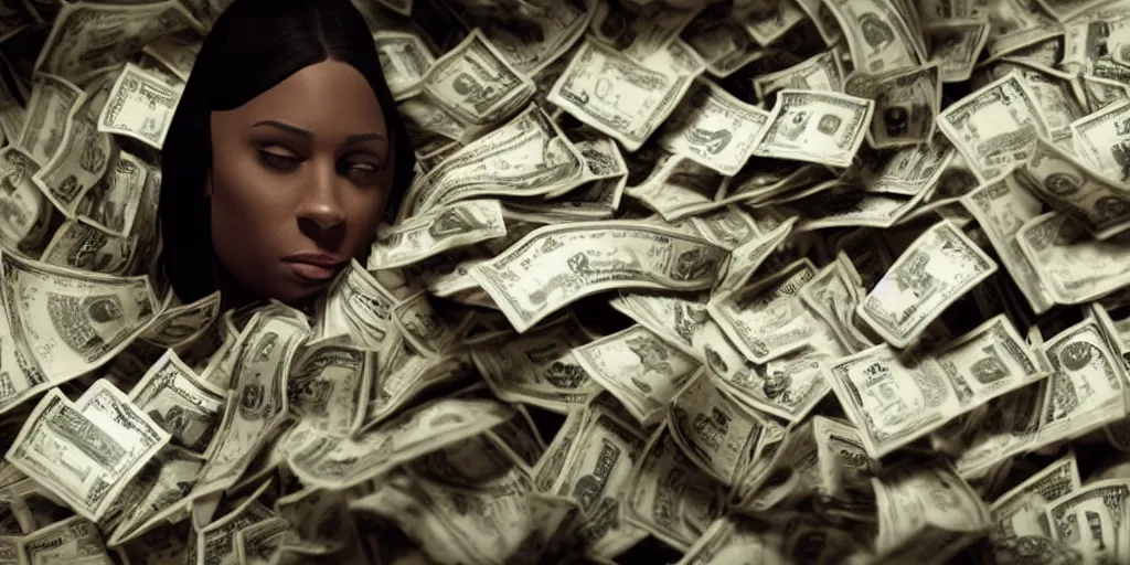 Image similar to a film still of cash money piling up in a vault, shallow depth of field, cinematic, award winning cgi, vfx, film still cfg _ scale : 1 8. 0