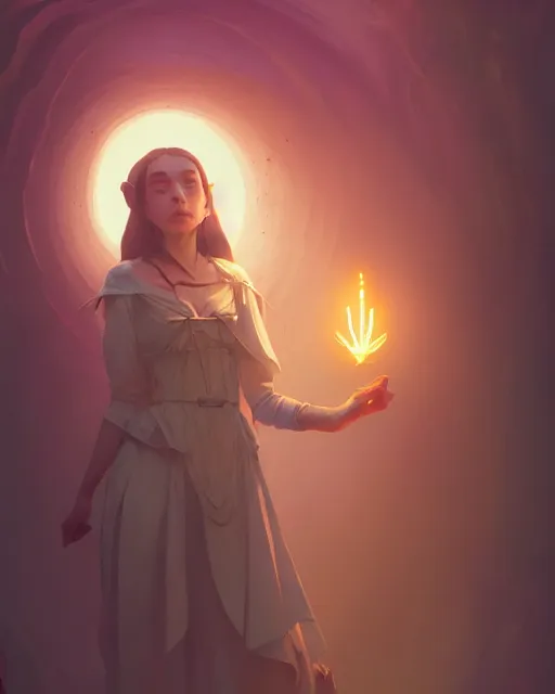 Image similar to highly detailed vfx portrait of a witch casting light magic, unreal engine, greg rutkowski, loish, rhads, beeple, makoto shinkai and lois van baarle, ilya kuvshinov, rossdraws, tom bagshaw, alphonse mucha, global illumination, detailed and intricate environment