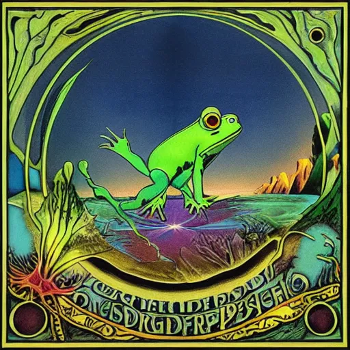 Image similar to progressive rock album cover of an elder wizard frog casting a world ending spell, in the style of Roger Dean