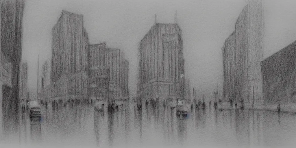 Image similar to a drawn gloomy city in the rain. pencil sketch