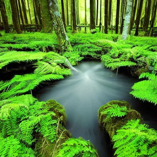 Image similar to round pools of water in a forest, as far as the eye can see, the wood between the worlds, narnia, lush green forest, moss and fern,