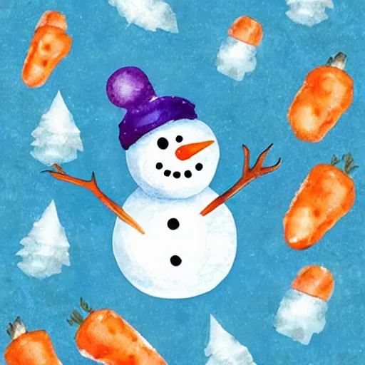 Image similar to snowman with carrot whimsical cute mixed media winter icon collage illustration in soft watercolor style, ice blue cold hues