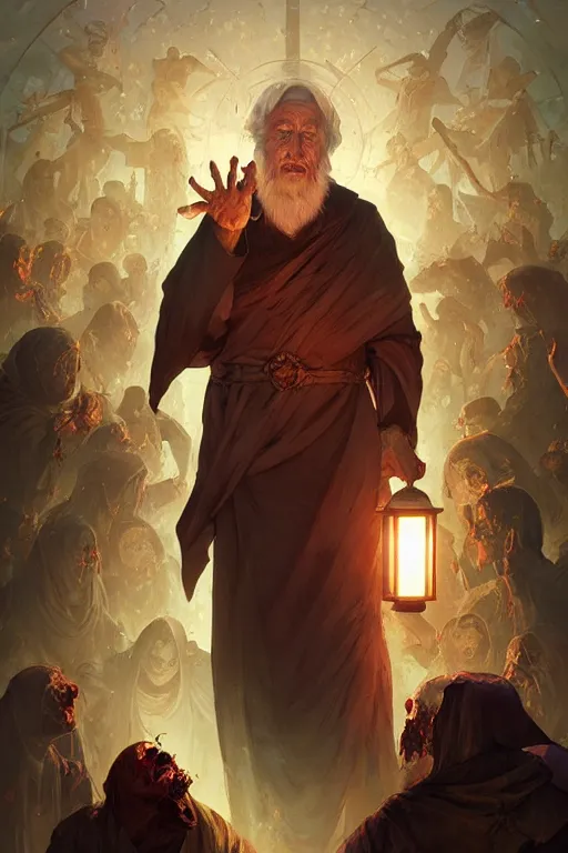 Image similar to male senior cleric holding a lantern surrounded by zombies, highly detailed, digital painting, artstation, concept art, smooth, sharp focus, illustration, art by artgerm and greg rutkowski and alphonse mucha and andrei riabovitchev