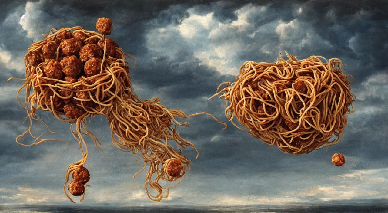 Prompt: 3 0 perfect woman bodies flying inside spaghetti bolognesa with meatballs and hundred rusted perfect woman bodies flying in stormy clouds by dali, hyper - realism