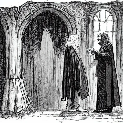 Image similar to frodo baggins meeting dumbledore, in hogwarts, cinematic