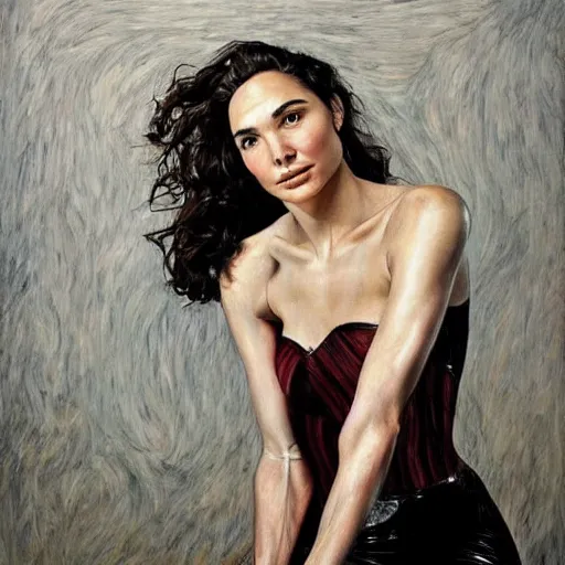 Image similar to a striking hyper real painting of Gal Gadot by lucian freud.