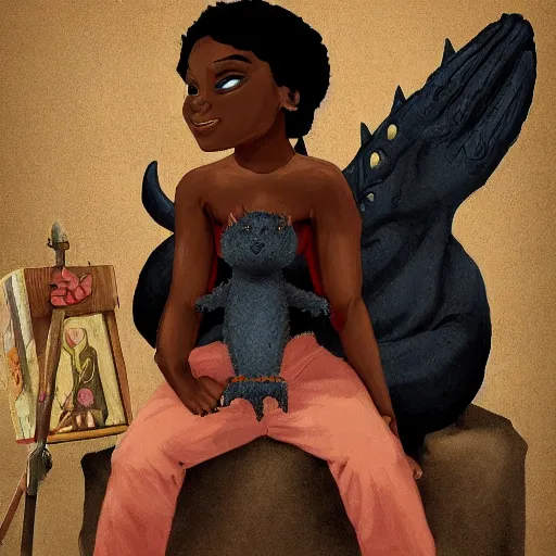 Image similar to Dark skinned girl pets Chibi Godzilla, painting