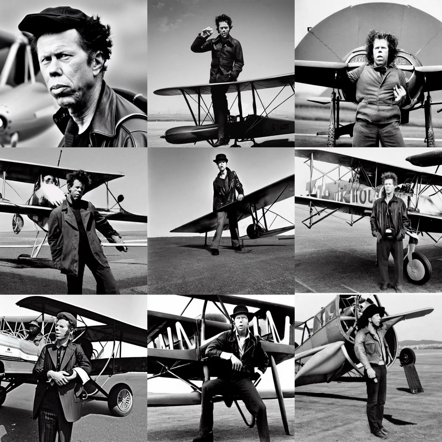 Prompt: tom waits as an aviator posing in front of his biplane