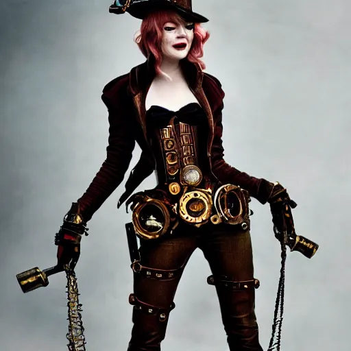 Prompt: full shot photo of emma stone as a steampunk warrior